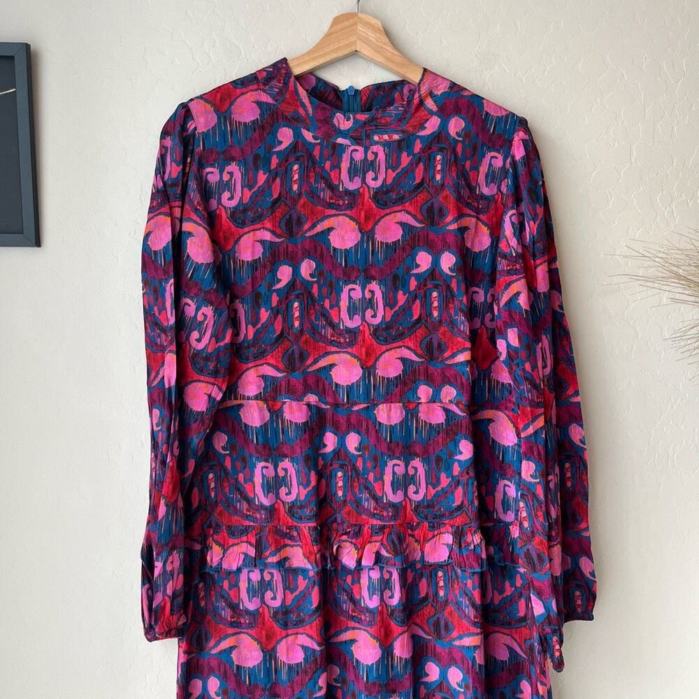 Oliphant Kazak Mock Neck Multicolor Print Tiered Long Sleeve Maxi Dress Size M - Picture 3 of 11